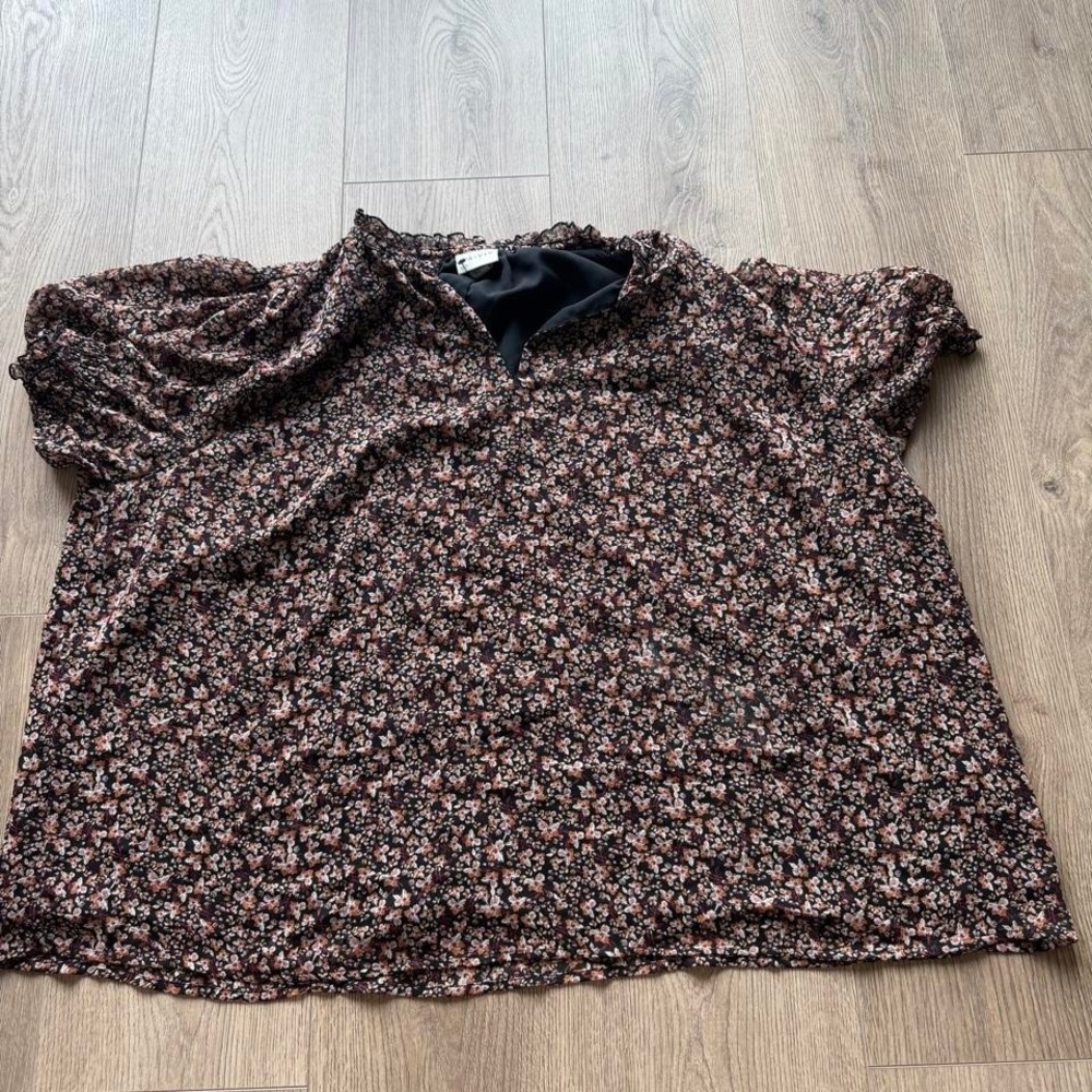 Ava Viv Womens 2X Floral Peasant Blouse Black‎ Pink Orange Puff Sleeve Top